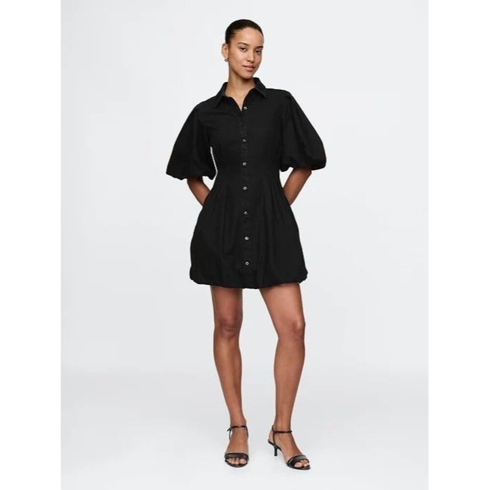 New Gap Mini Bubble Shirtdress Small Tall Black Denim Dress Puff Sleeve Pockets‎
